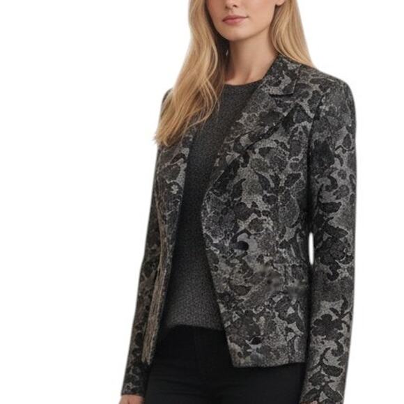 H&M Floral Fitted Blazer Jacket Flare Bell Sleeve Snap Closure Lined Black 8 - Picture 1 of 13